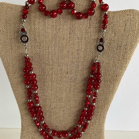 Hand Crafted Necklace & Dangle Earrings Set Fire Red Silver Beads Double Strand - Picture 2 of 7
